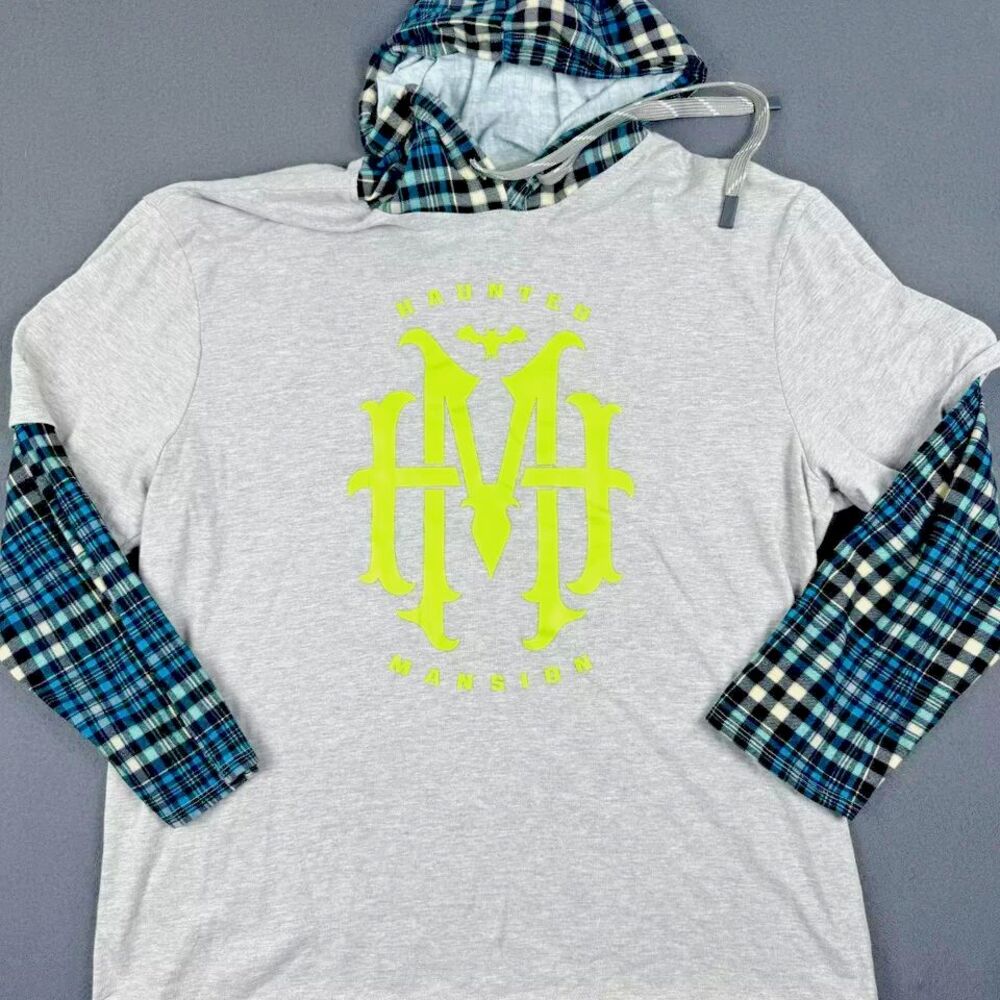 Disney Parks Hoodie Mens XL Haunted Mansion Gray Layered Flannel Plaid Sleeves